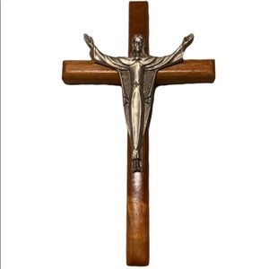 Vintage Wood Cross Antique Religious Crucifix Hand Crafted Pewter Cast Metal